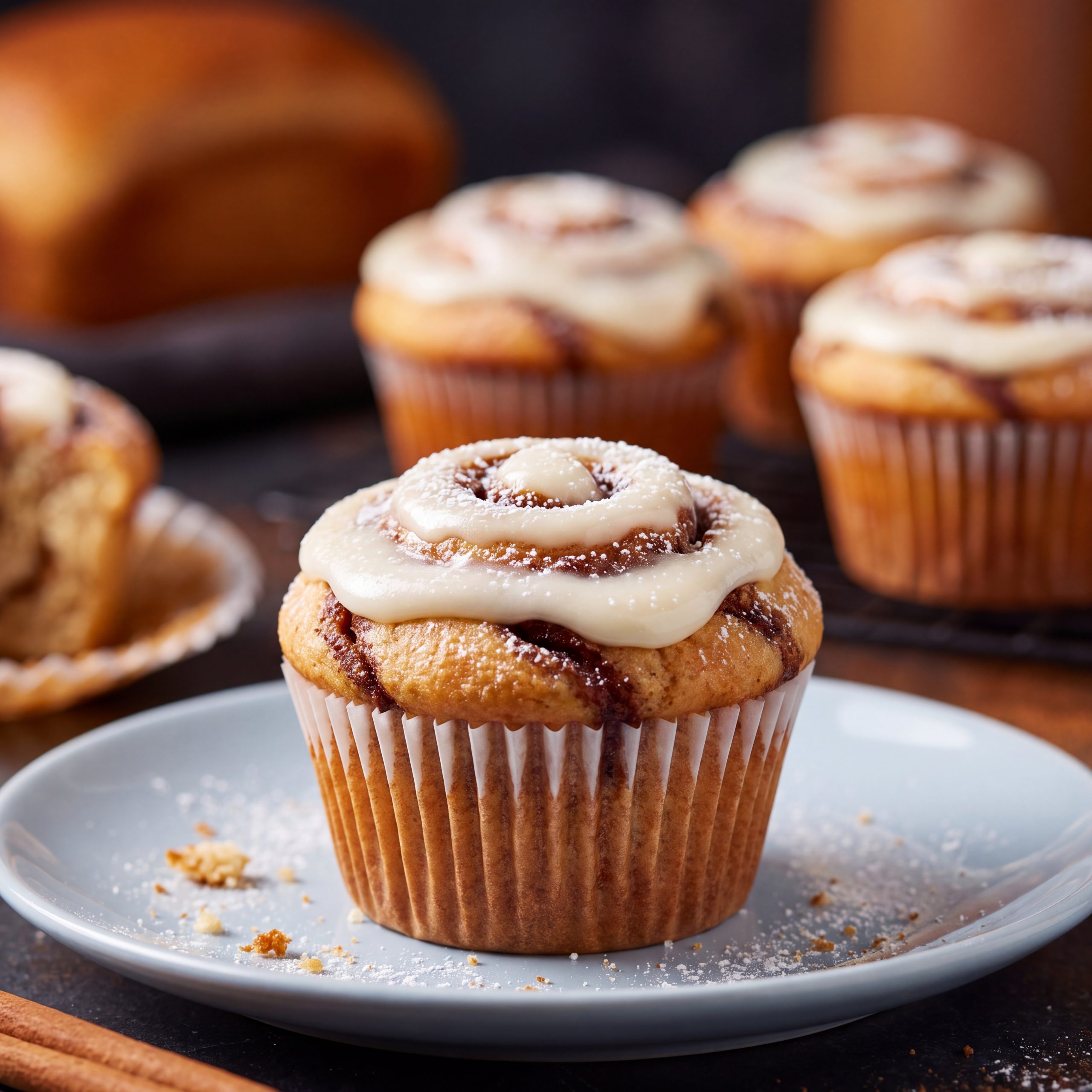 Soft pumpkin cinnamon roll muffins on a wooden plate, drizzled with cream cheese glaze and cinnamon sugar