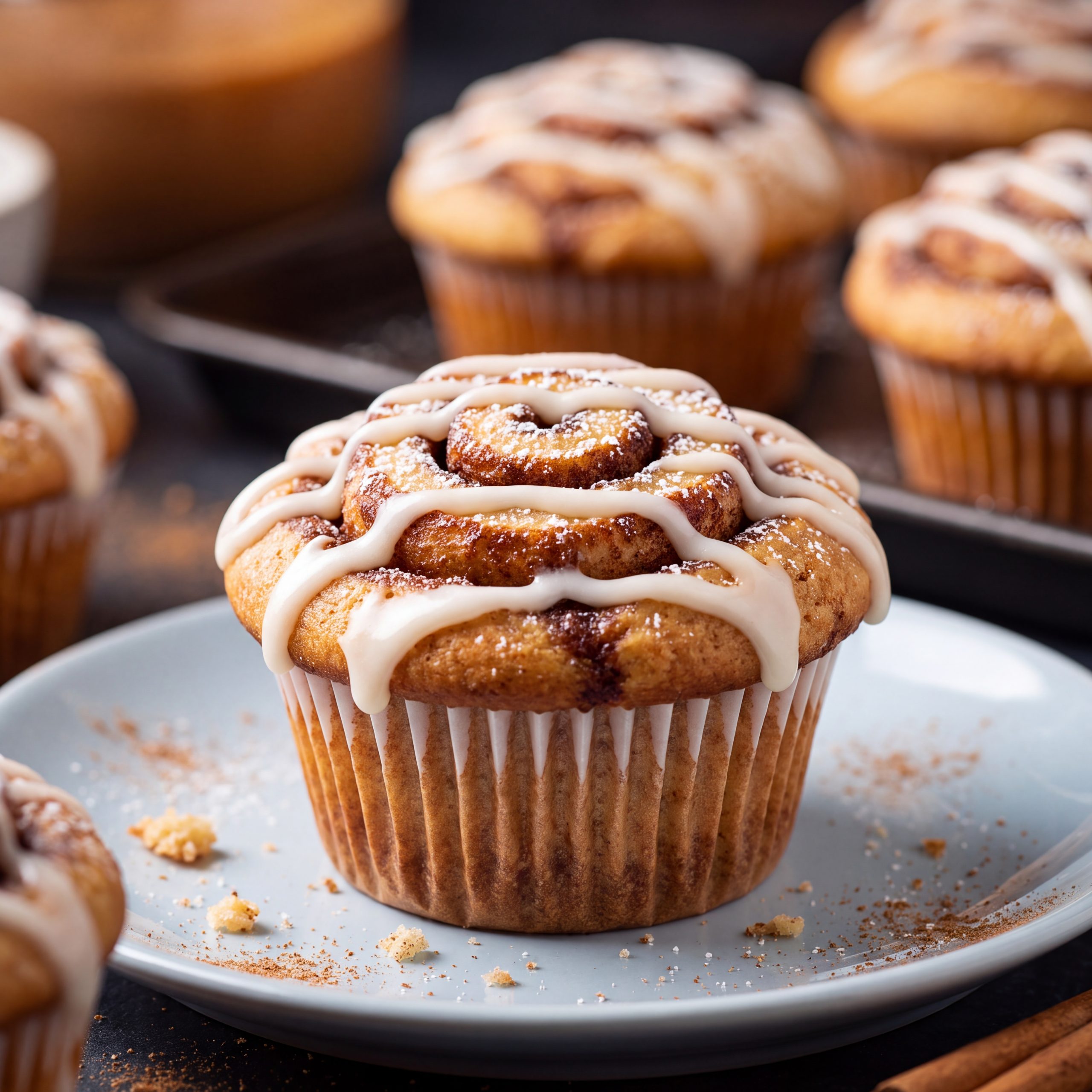 Finished pumpkin cinnamon roll muffins with golden tops and gooey center, dusted with pumpkin spice