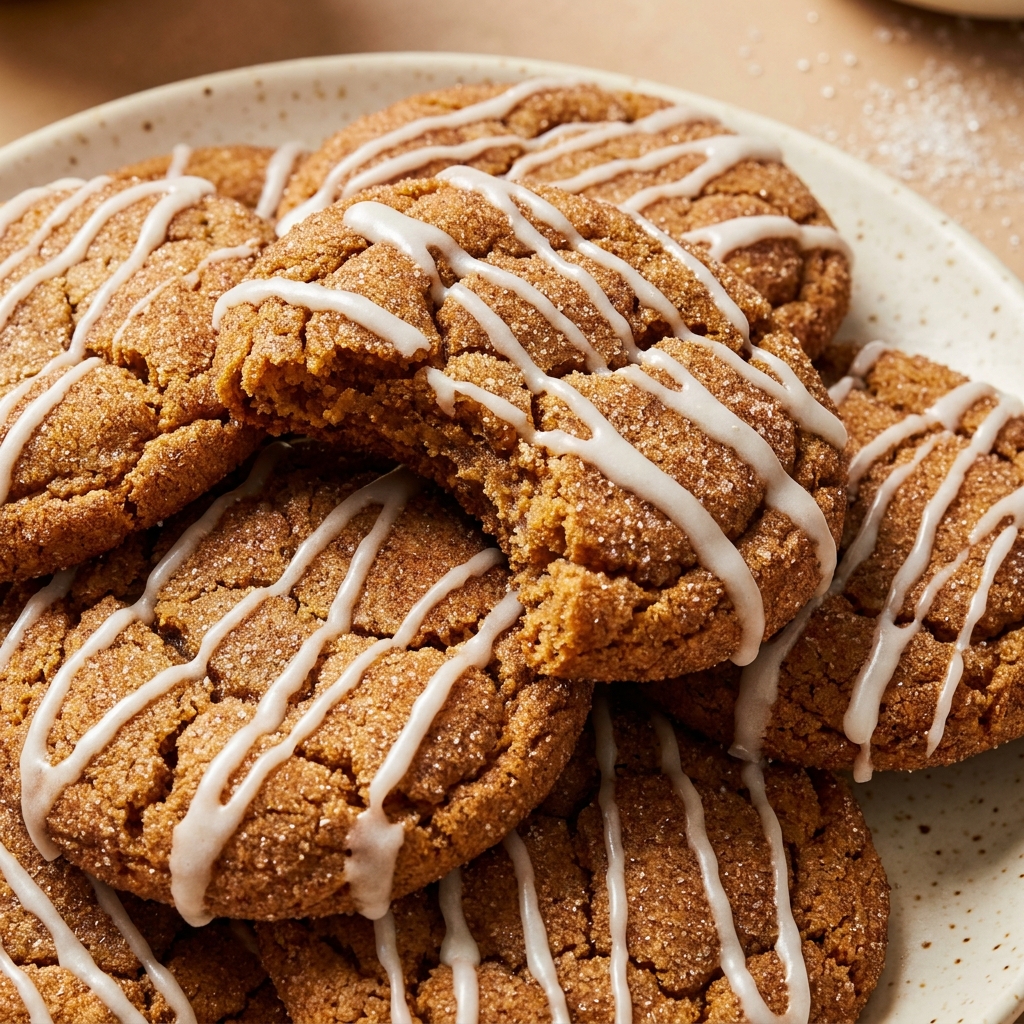A stack of warm apple cider cookies with a goey caramel drizzle and spiced apple cider in background.