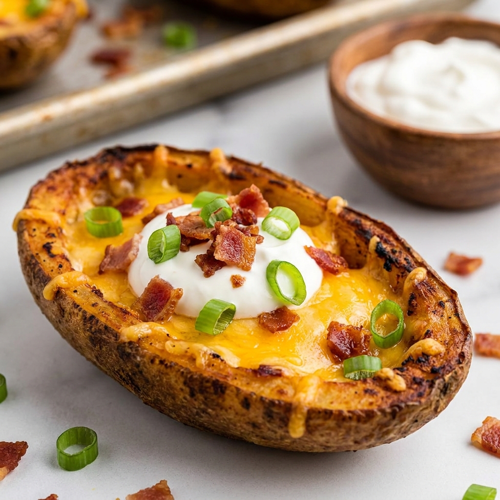 Step-by-step process showing baked potato halves being scooped out, then the hollowed skins brushed with butter and returned to the oven to crisp.