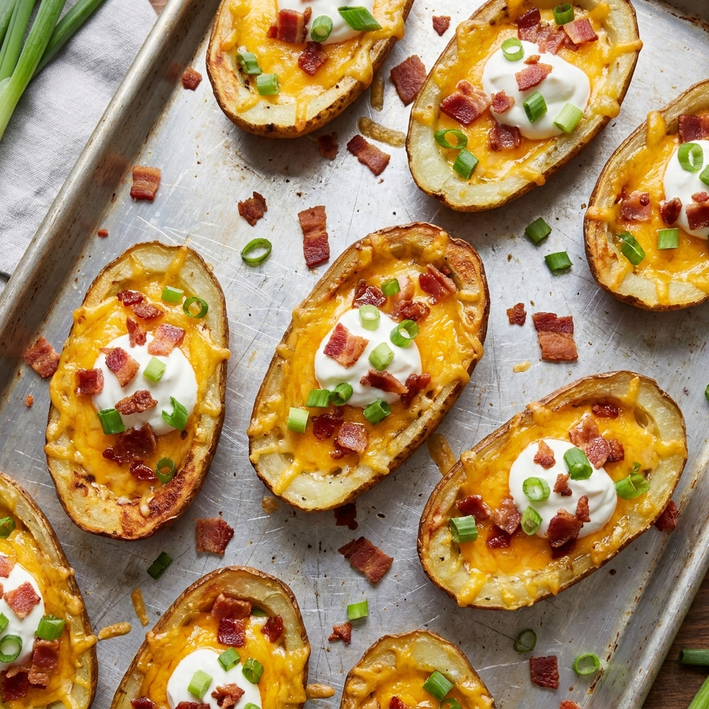 Final dish of golden, crispy baked potato skins topped with melted cheese, crumbled bacon, and sour cream, ready to serve on a rustic platter.