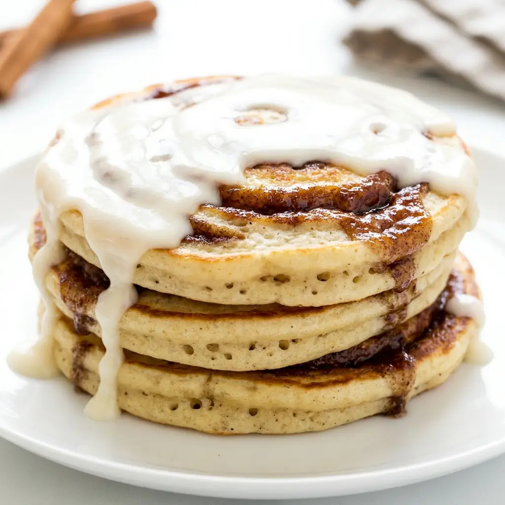 Golden cinnamon roll pancakes topped with creamy glaze