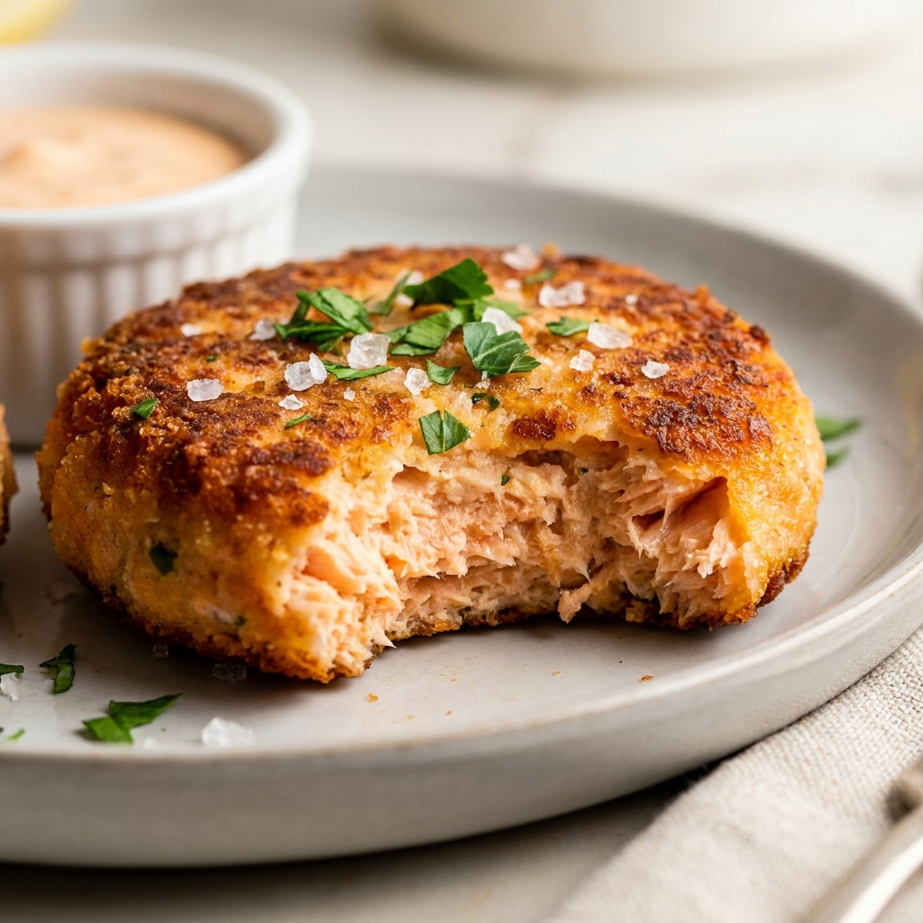 Salmon croquettes sizzling in a frying pan, golden brown with crispy edges, cooking in hot oil.
