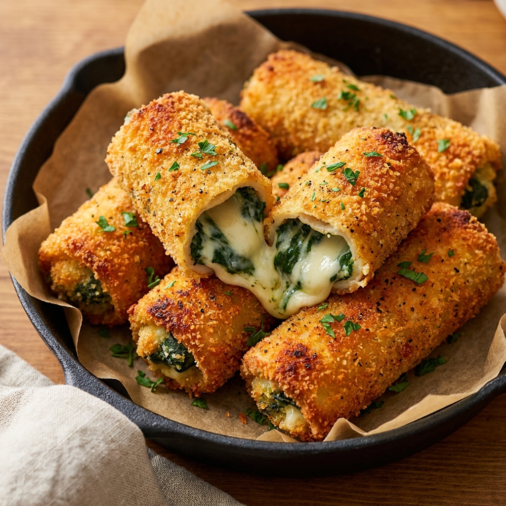 Close-up of a spoon scooping into bubbly, cheesy spinach artichoke dip with a crispy golden crust