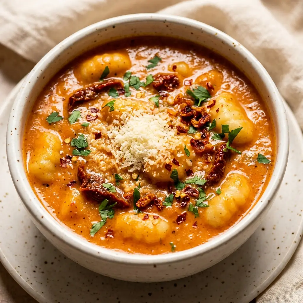Simmering tomato gnocchi soup base with oil-packed sun dried tomatoes in a pot