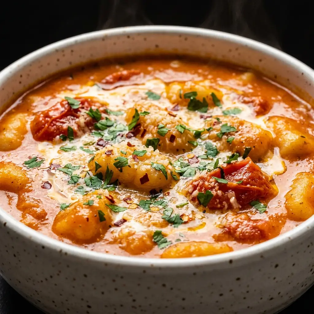Finished dairy-free tomato gnocchi soup with pillowy gnocchi and basil ribbons