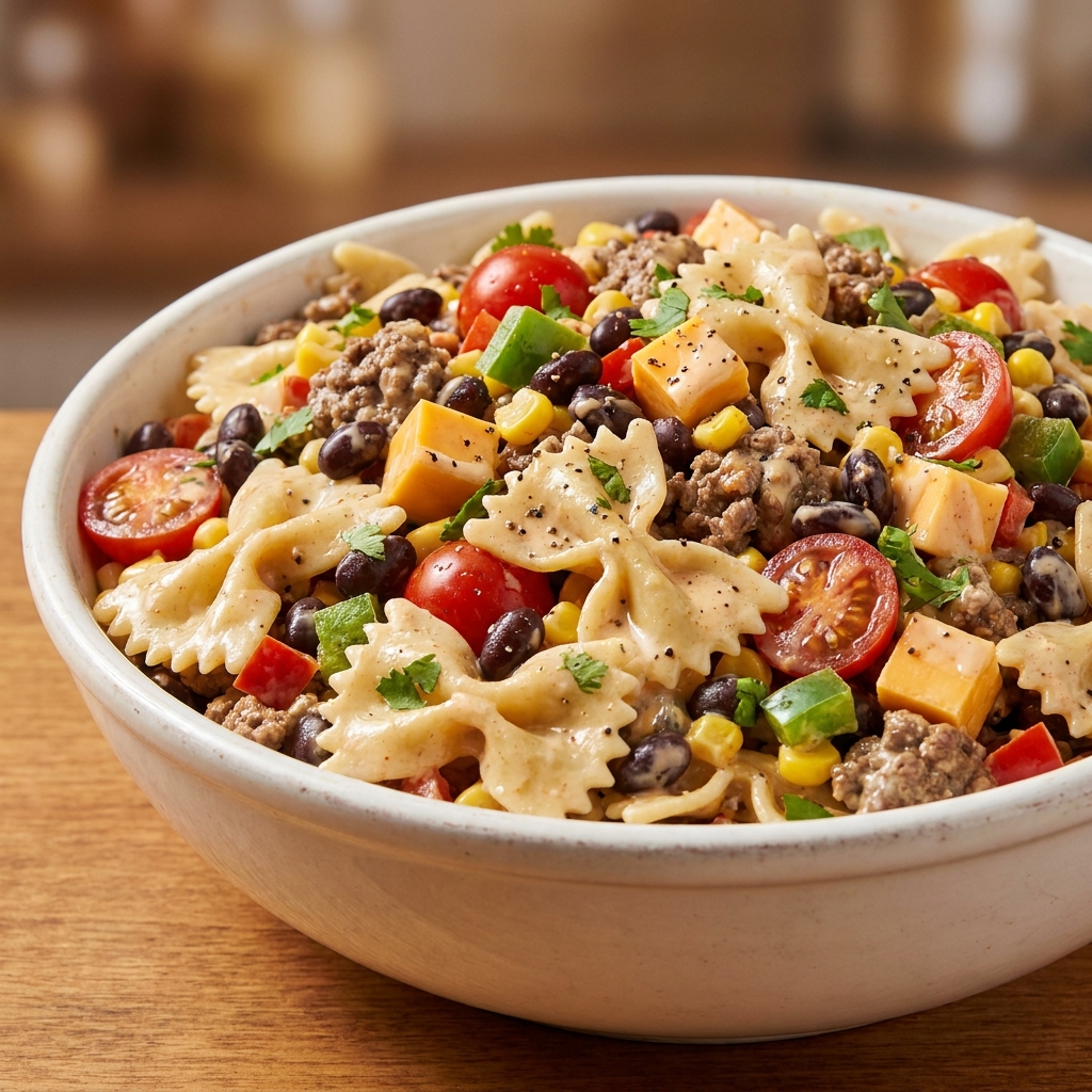 Finished cowboy pasta salad garnished with cilantro and bacon crumbles