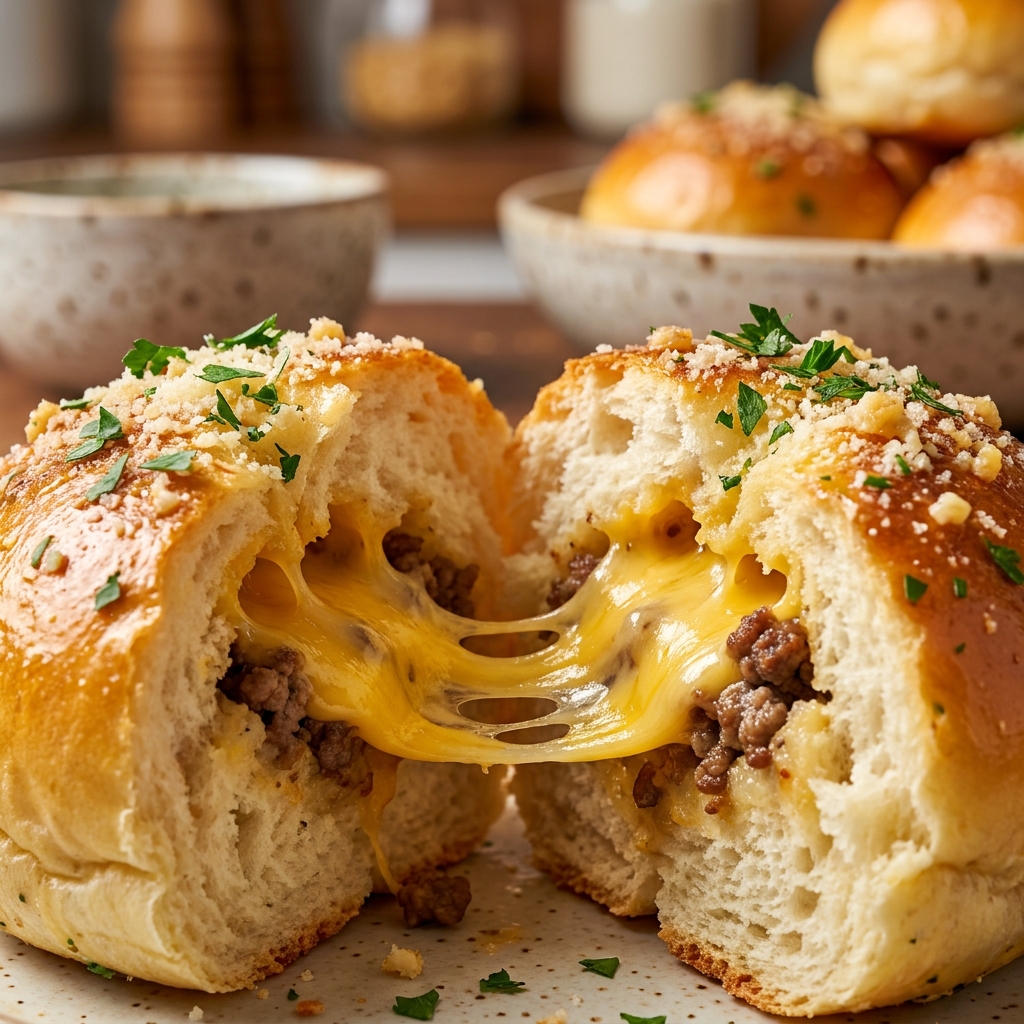 Step by step of wrapping cheeseburger bombs with biscuit dough.