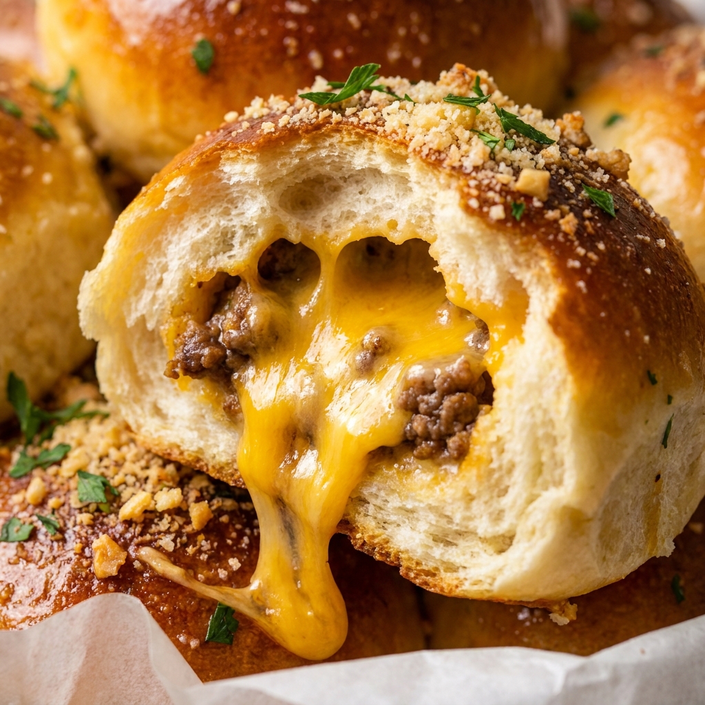 Finished baked garlic parmesan cheeseburger bombs with melted cheese.
