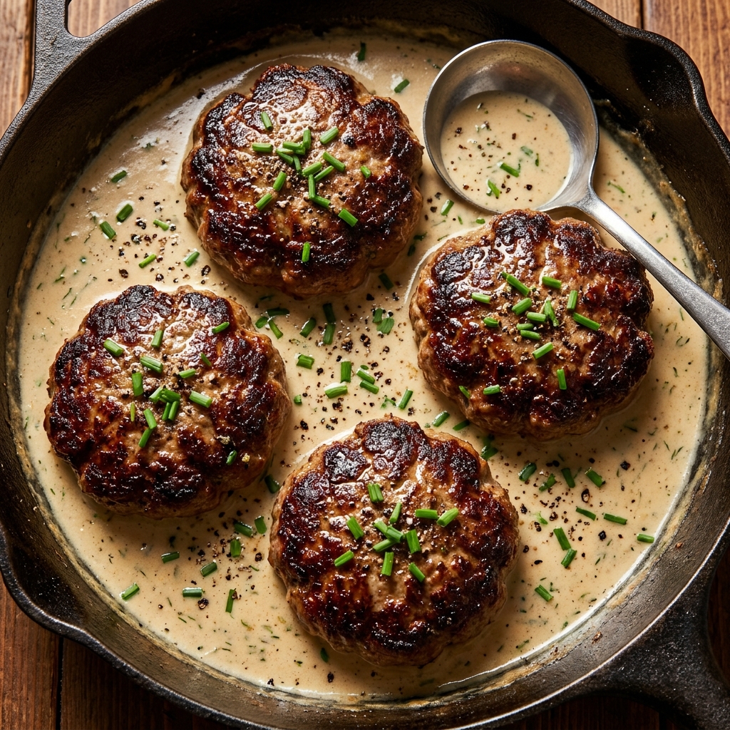 Juicy hamburger steaks simmmering in creamy dill sauce in a skillet