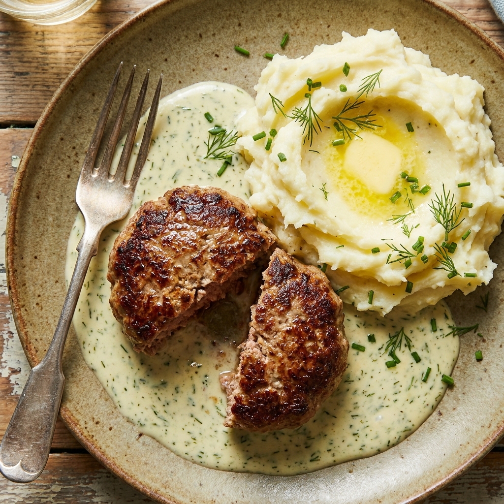Searing hamburger steak patties in a hot skillet until golden brown