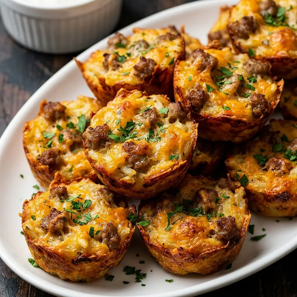 Crispy sausage hashbrown bites served warm with toppings