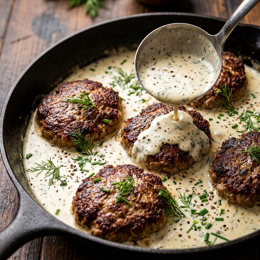 Plated hamburger steaks topped with fresh dill and creamy sauce alongside roasted vegetables