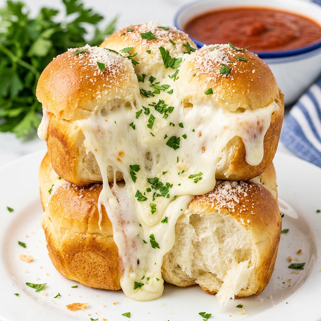 Golden brown hawaiian roll garlic bread with melted cheese and parsley garnish on a baking sheet.