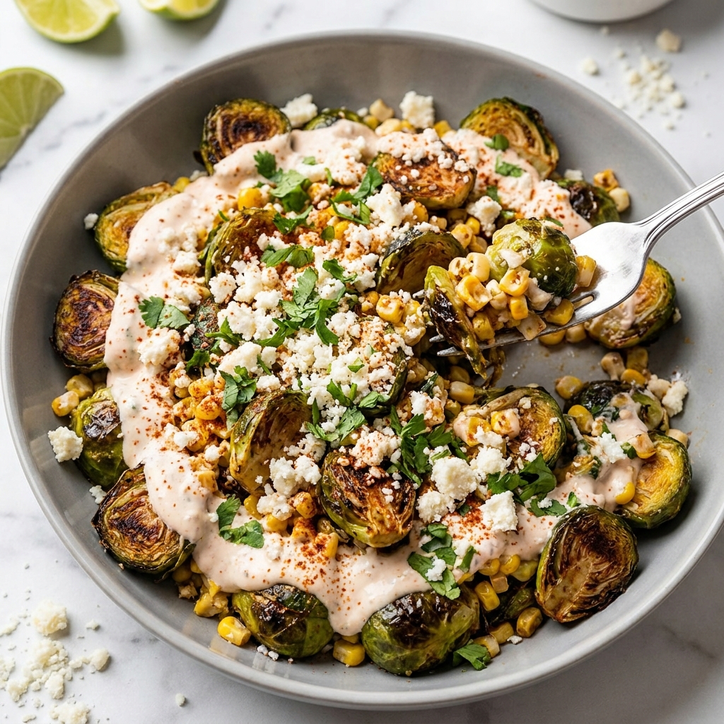 Crispy Mexican corn Brussels sprouts topped with cotija cheese and cilantro in a serving bowl