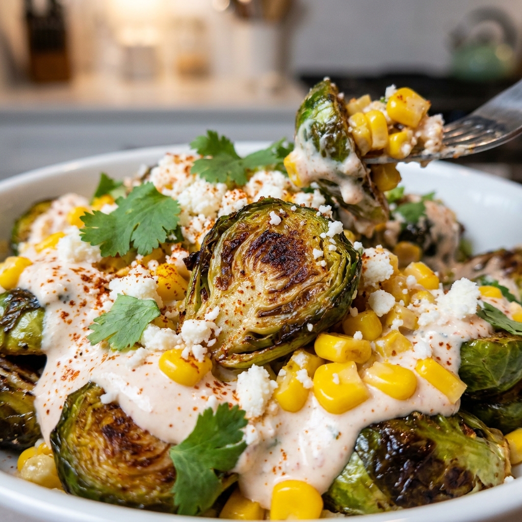 Brussels sprouts cut side down on a hot sheet pan with charred corn kernels