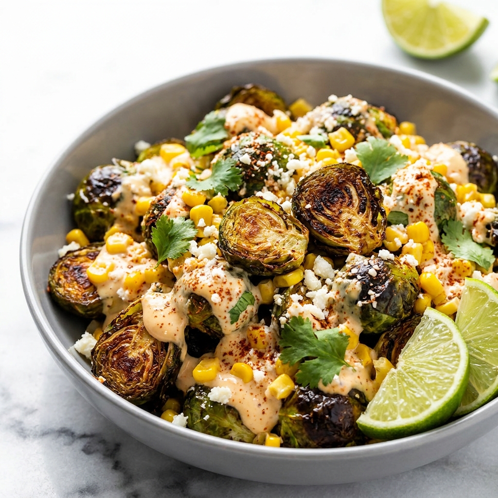 Finished Mexican street corn Brussels sprouts with lime wedges and cotija cheese
