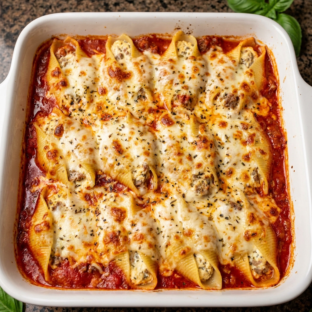 Golden baked million dollar stuffed shells in a casserole dish, topped with melted mozzarella and fresh basil.