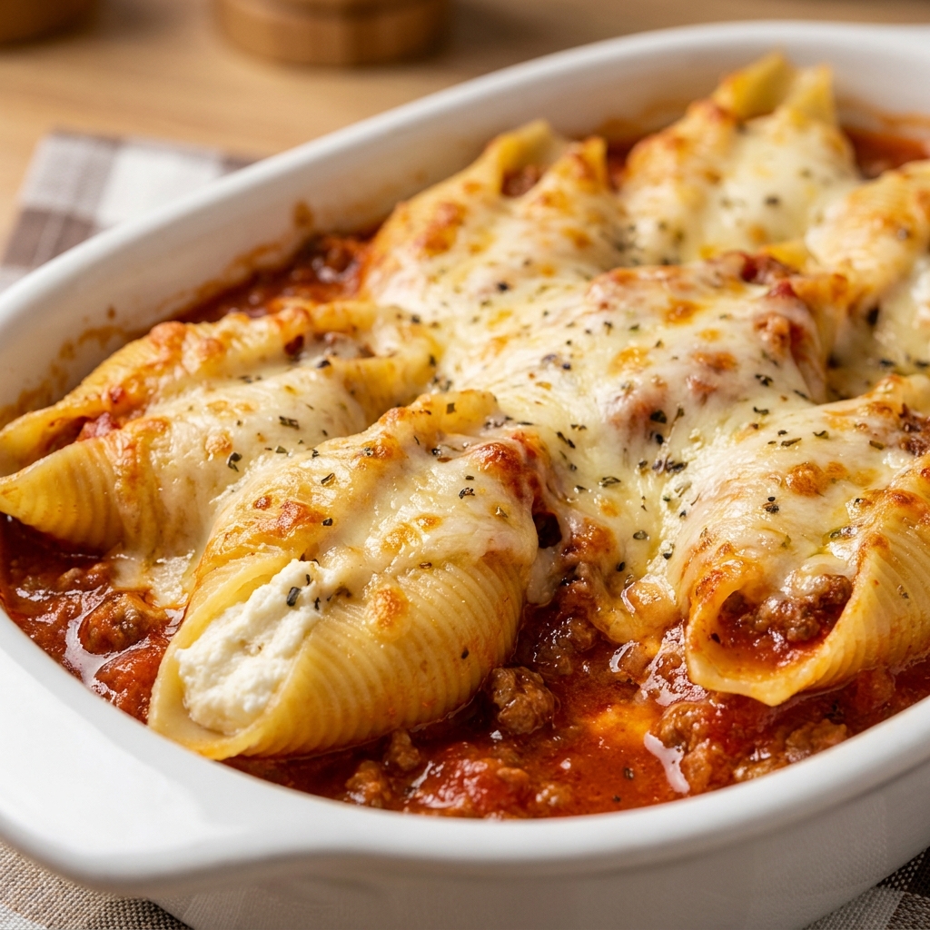 Hands filling jumbo pasta shells with creamy ricotta and cottage cheese mixture on a baking tray.
