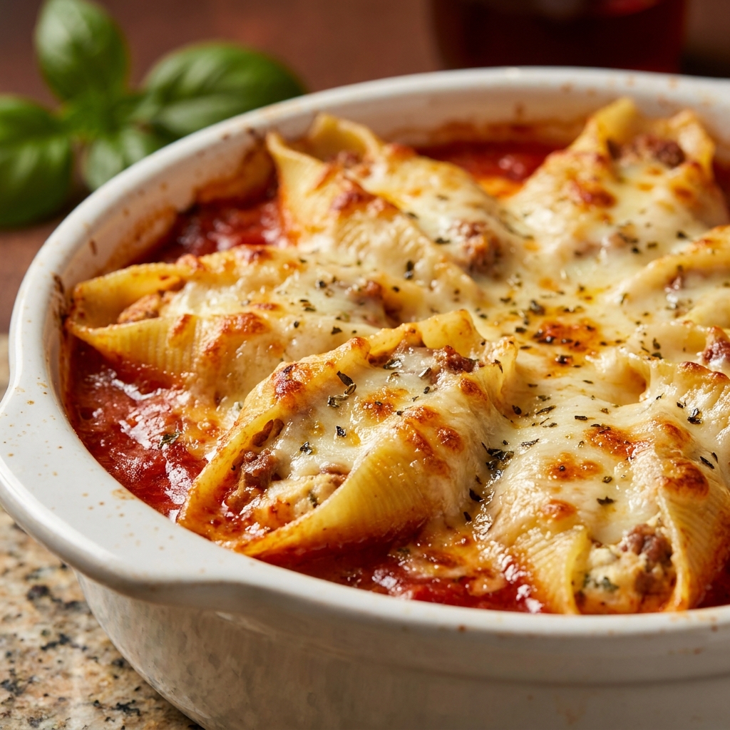 Overhead shot of plated million dollar stuffed shells with marinara sauce and a sprinkle of Parmesan.
