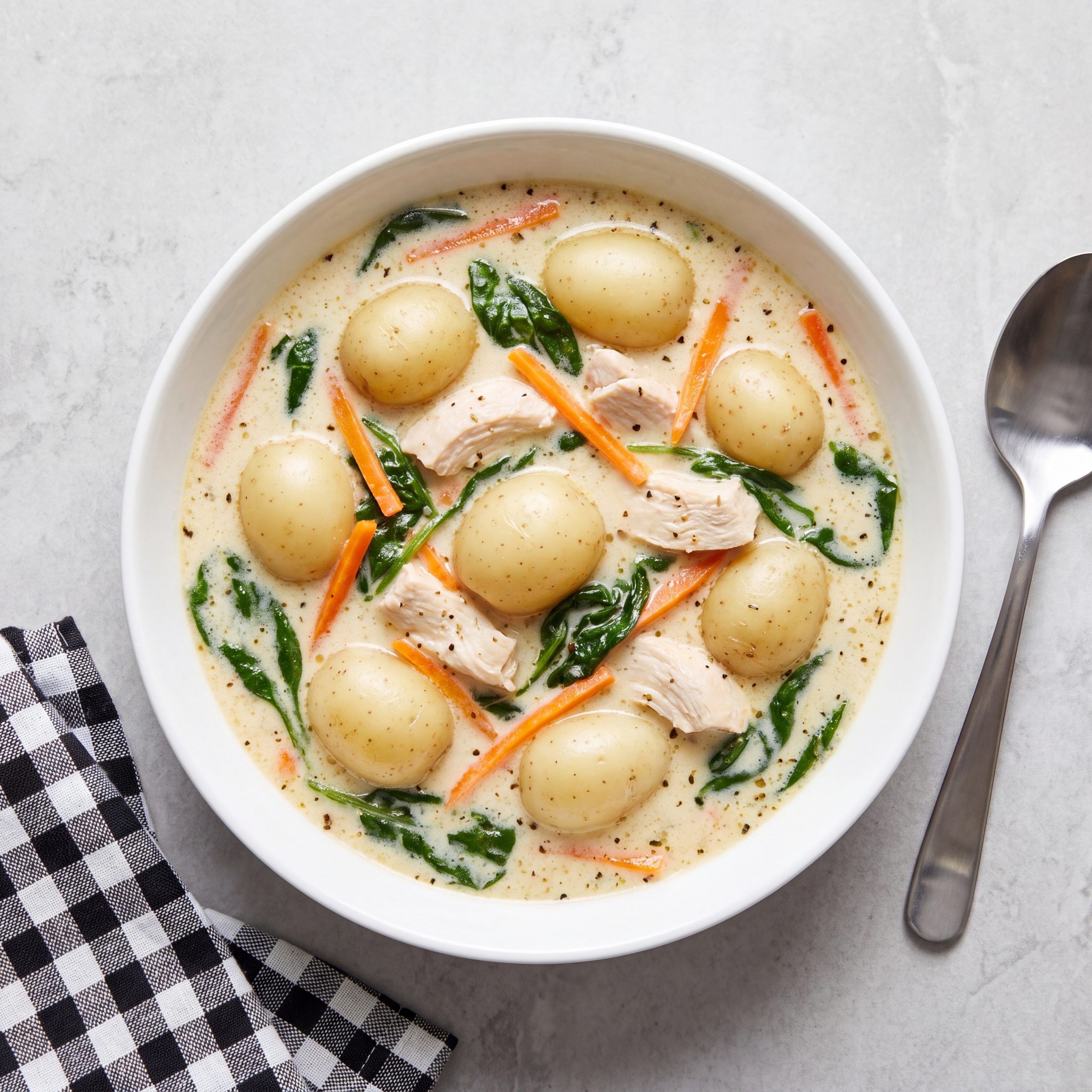 Whisking flour and broth into a creamy chicken gnocchi soup base