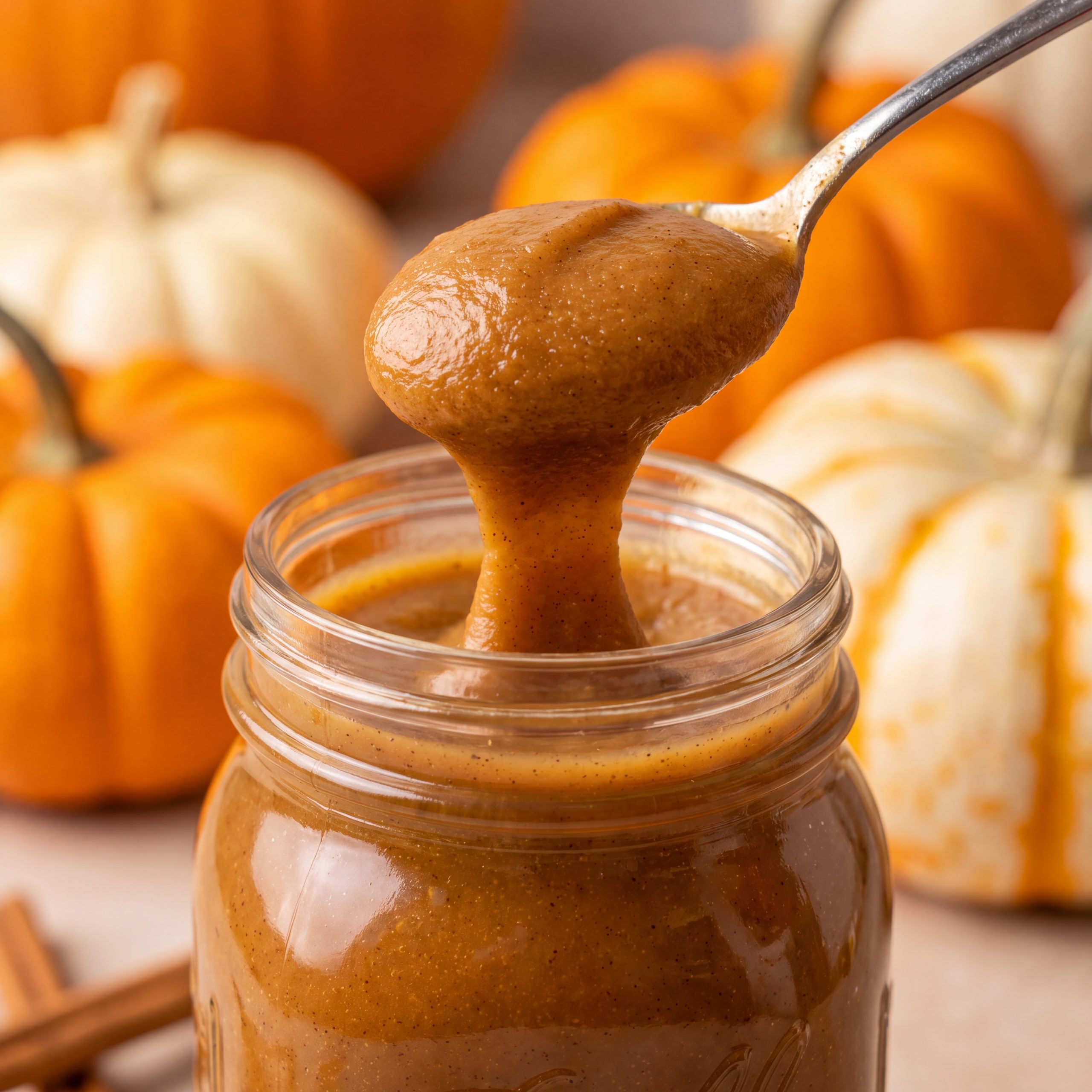 A jar of homemade pumpkin sauce for coffee next to a steaming mug
