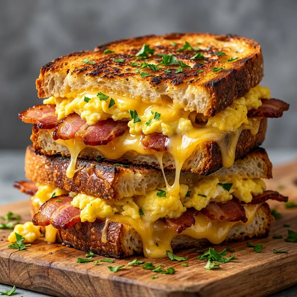 Golden grilled cheese breakfast sandwich with scrambled eggs and bacon