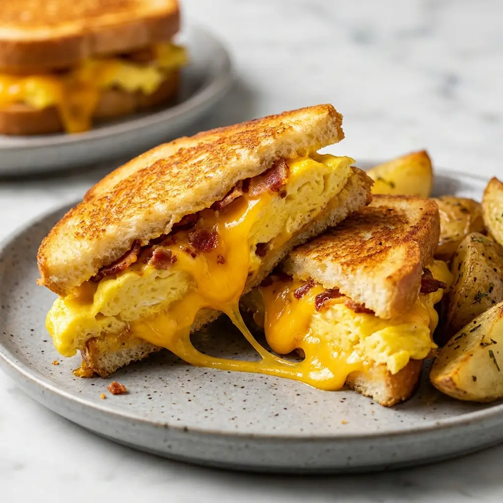 Scrambled eggs, bacon, and cheese layered between buttered bread