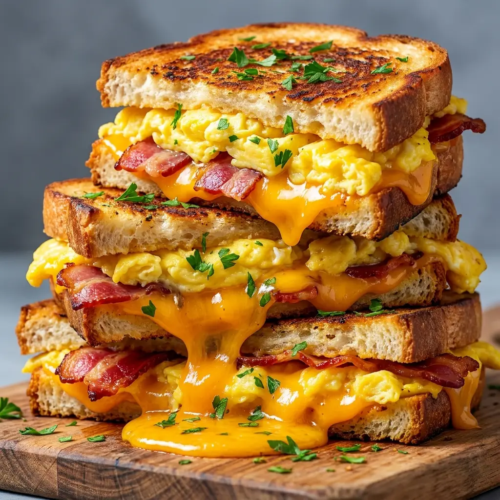 Crispy grilled cheese breakfast sandwich cut open to show eggs and bacon