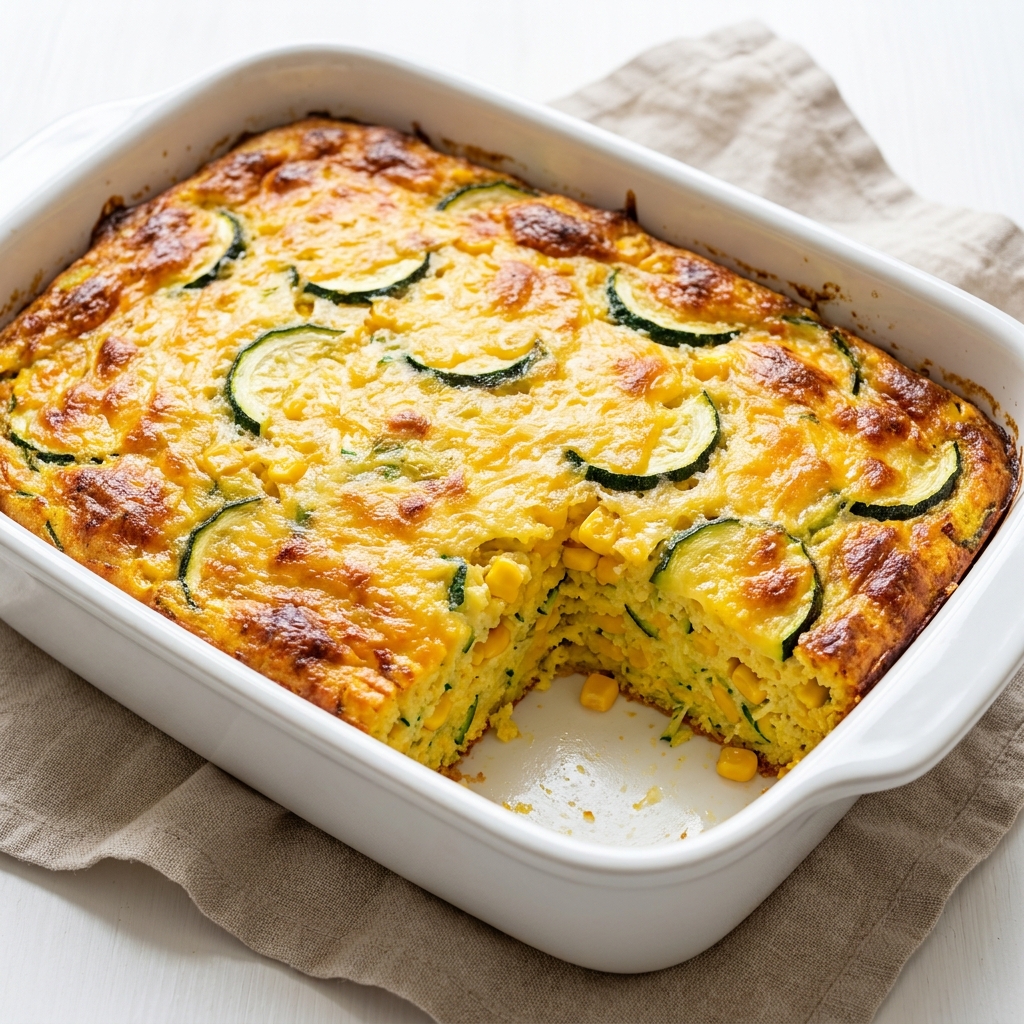 A slice of cornbread zucchini casserole on a plate, showing the moist interior and crispy top.