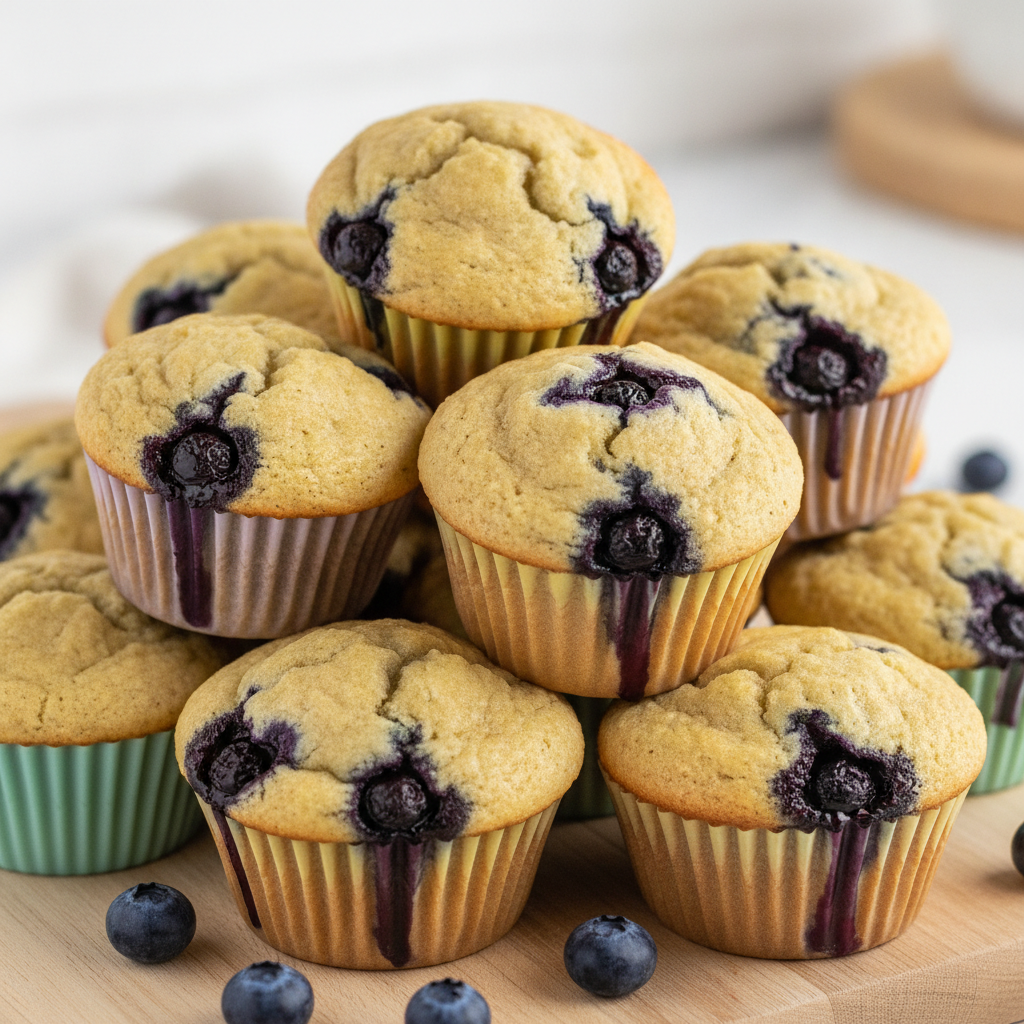 Fresh baked almond flour lemon blueberry muffins on a wire rack with golden tops and purple berries