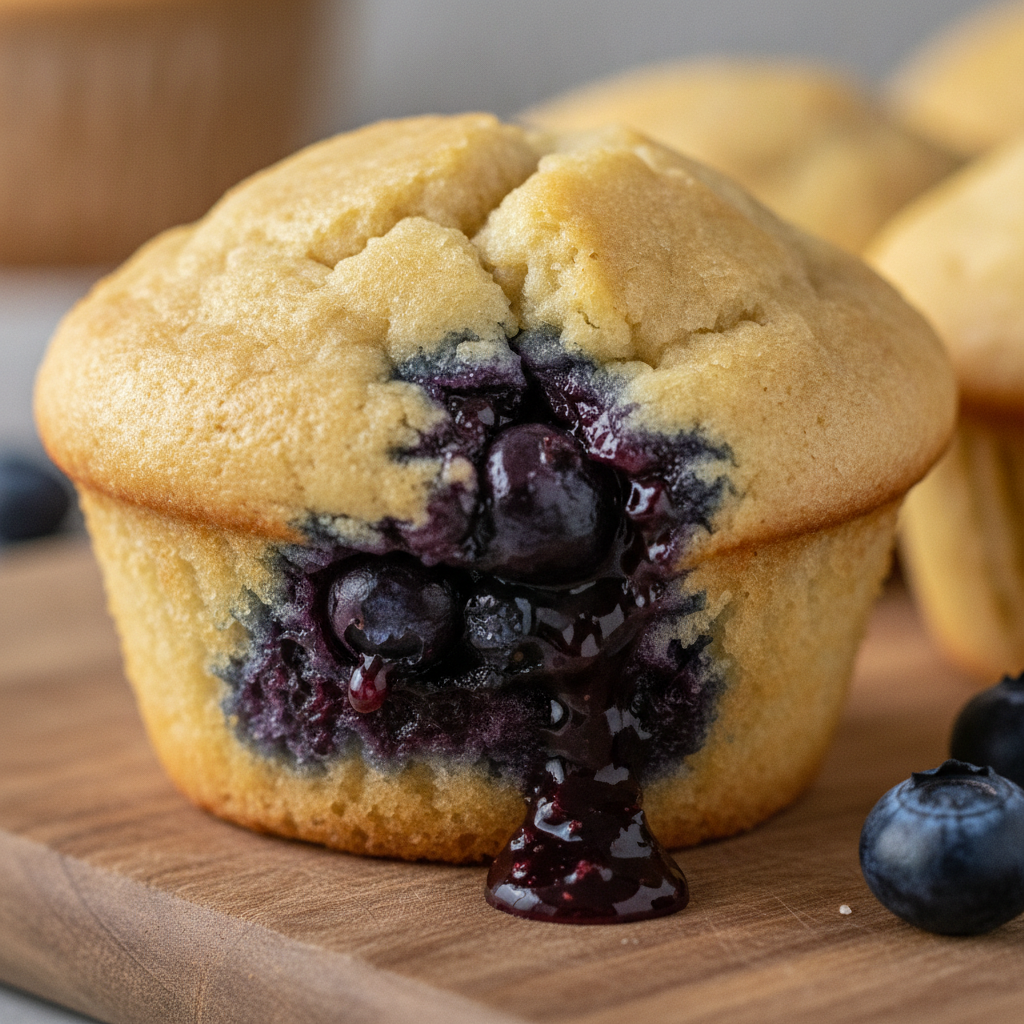 Mixing almond flour batter with lemon zest and blueberries in a glass bowl