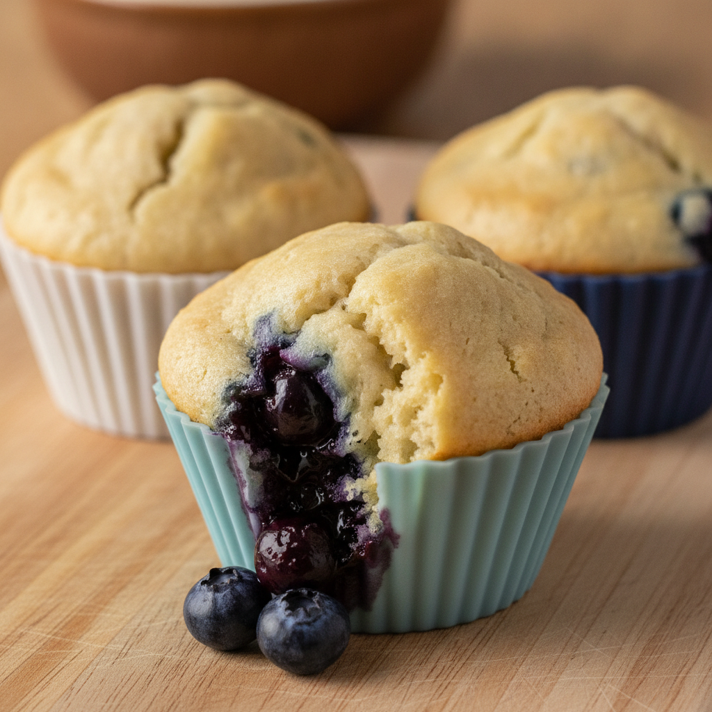 Close-up of a split almond flour lemon blueberry muffin showing tender crumb and whole blueberries