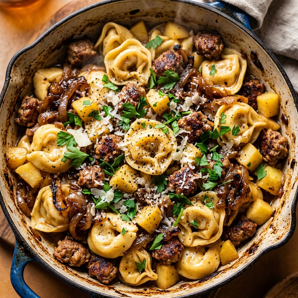 Caramelized Onion Apple and Sausage Pasta in a skillet with thyme and Parmesan