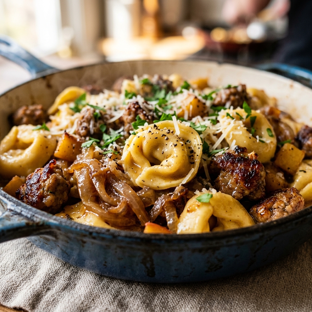 Creamy caramelized onion apple sausage pasta topped with walnuts