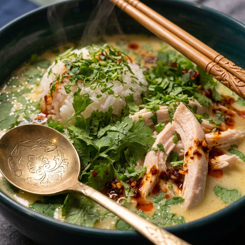 Finished coconut chicken brothy rice garnished with cilantro and lime