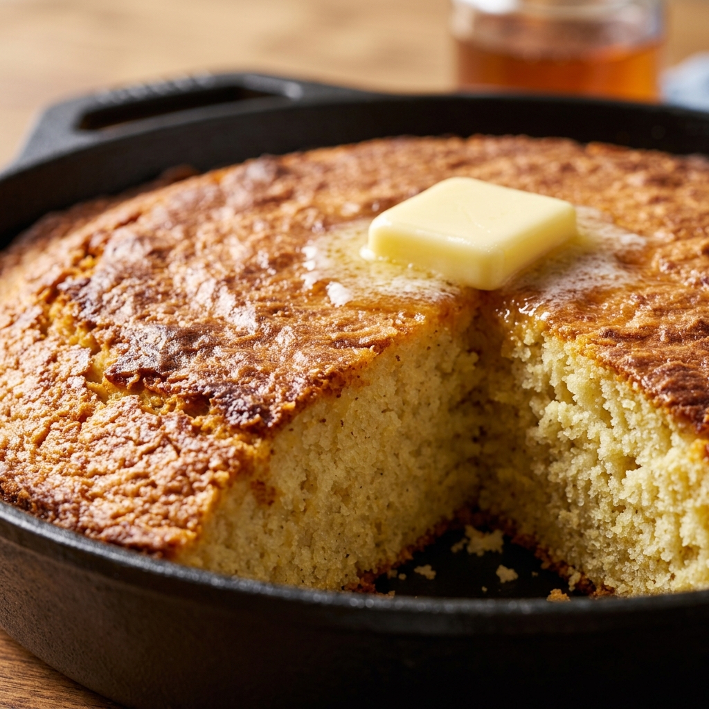 Batter sizzling in a hot cast iron skillet before baking