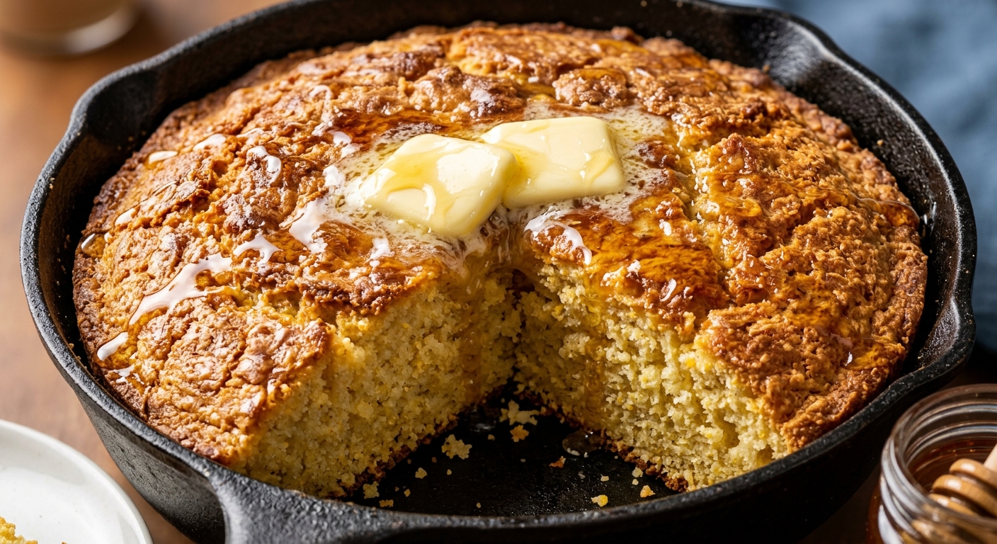 Slice of moist cornbread with a pat of melting butter