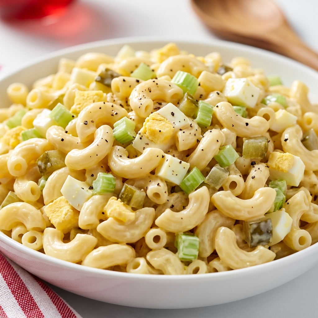 Finished dolly macaroni salad garnished with paprika and chopped parsley on a picnic table.