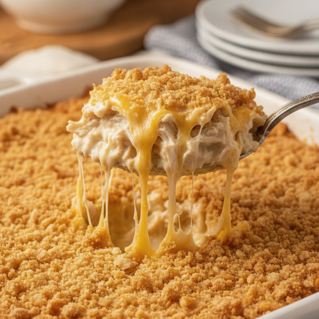 Step-by-step mixing shredded chicken with cream of chicken soup and sour cream in a glass bowl.