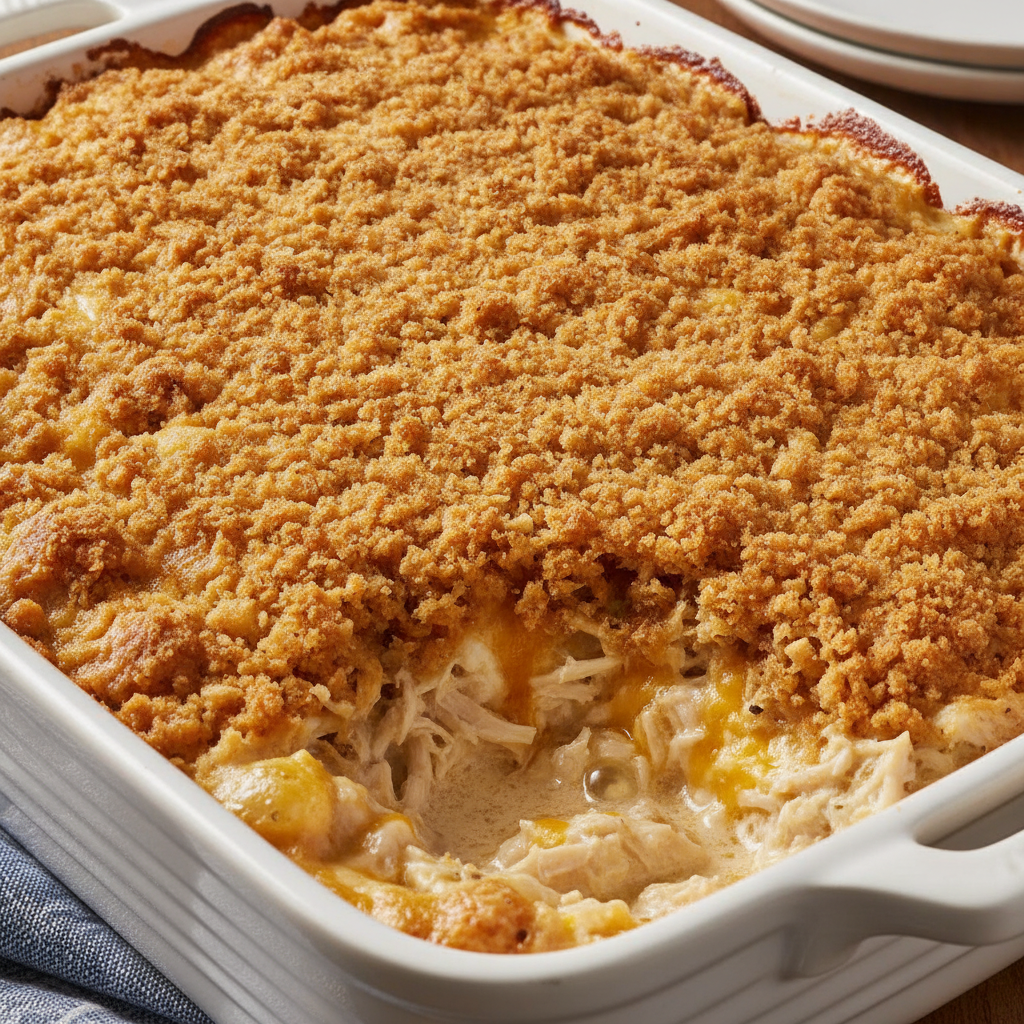 Baked Dolly Parton 5-ingredient chicken casserole with bubbly edges and perfectly browned topping.