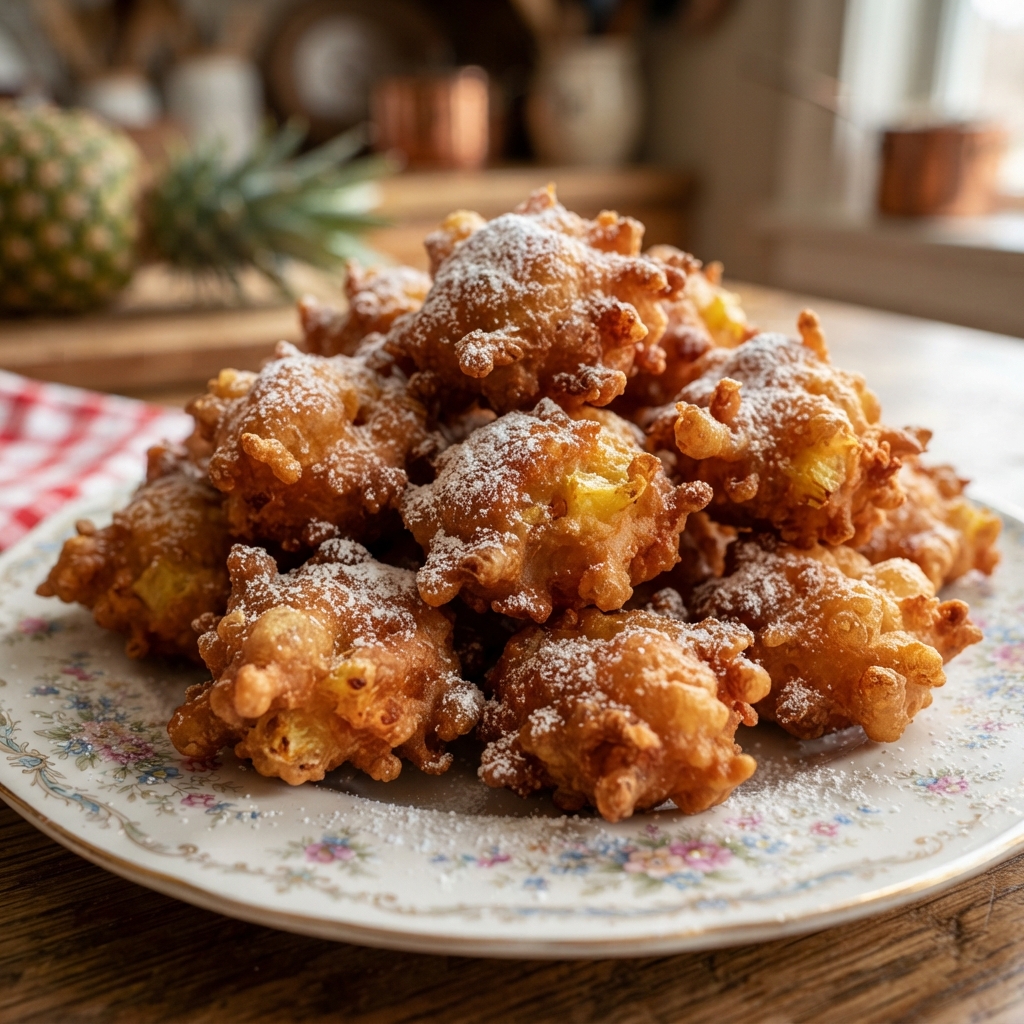 Close-up of a bite taken from a flaky pineapple puff showing creamy filling