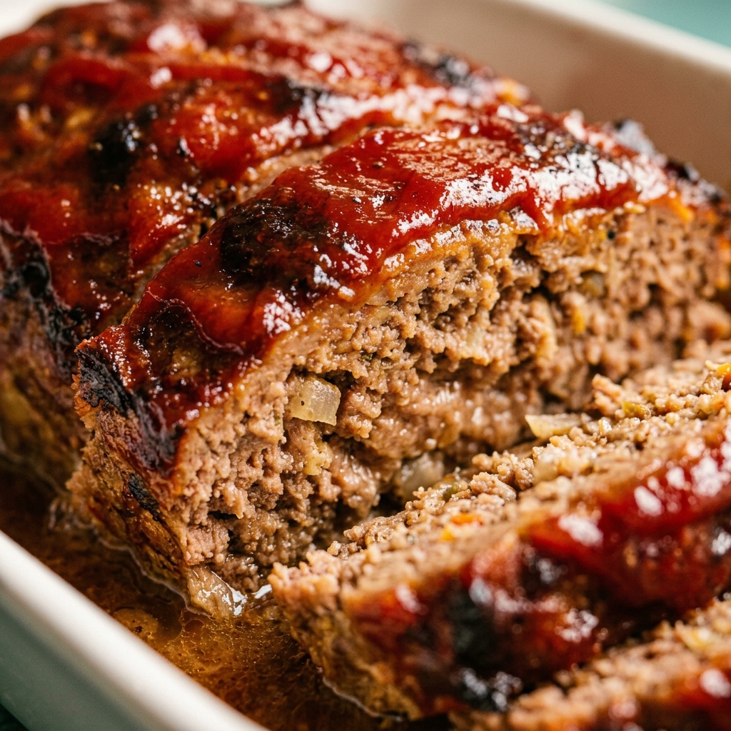finished dolly parton tennessee meatloaf with glossy ketchup espresso glaze on wooden board