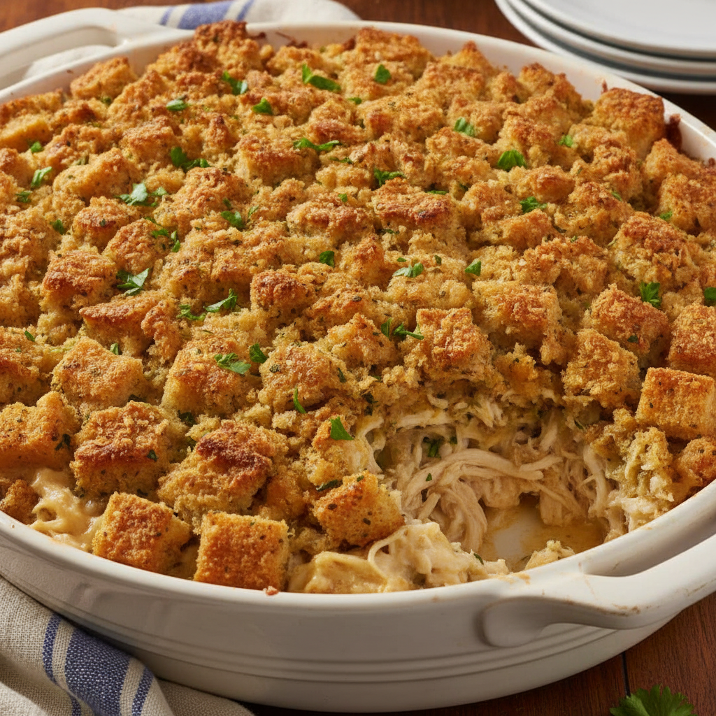 Bubbly golden chicken stuffing casserole in a glass dish with a crispy top crust.