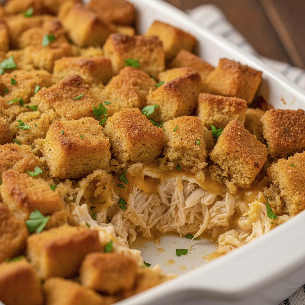 Mixing shredded chicken with creamy sauce and herbs in a large bowl.