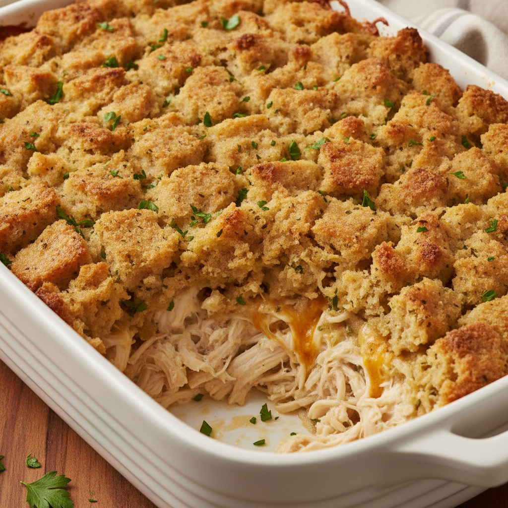Spoonful of chicken stuffing casserole showing layers of tender chicken and crisp stuffing.