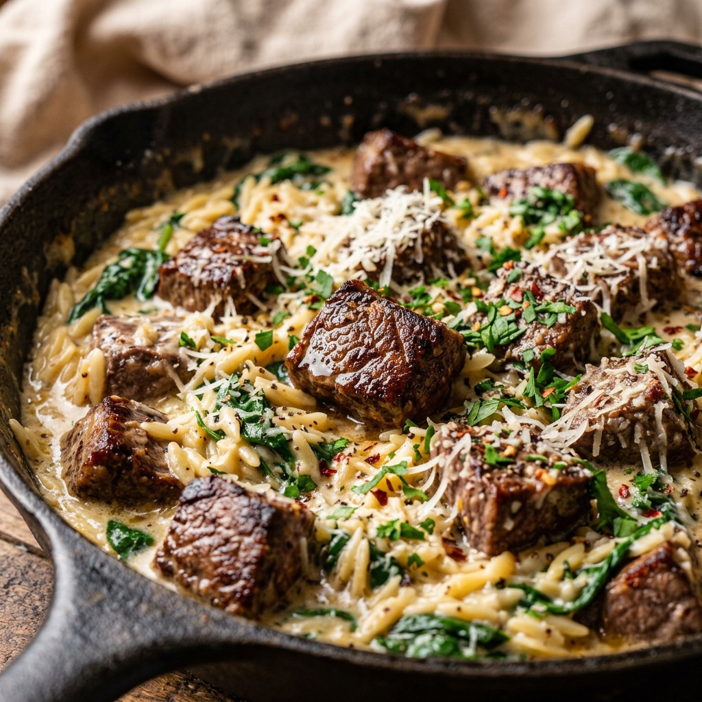 Creamy garlic butter steak and spinach orzo in a black skillet with steam rising, garnished with fresh basil and parmesan