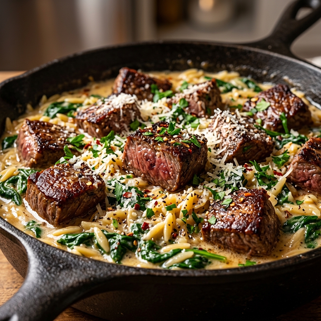 Step-by-step photo showing steak searing in butter with garlic and orzo toasting in a pot