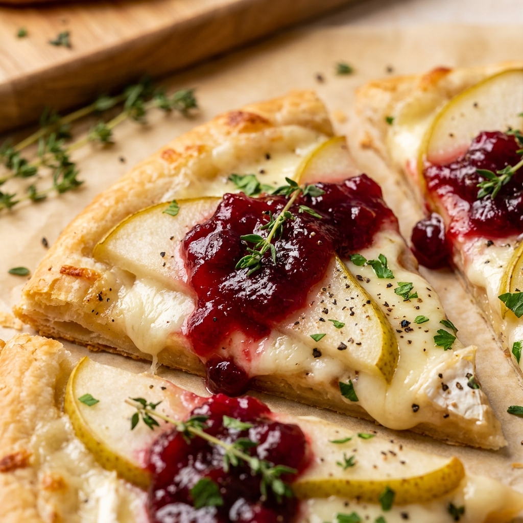Hands layering sliced brie and pear on flatbread dough with cranberries and thyme.