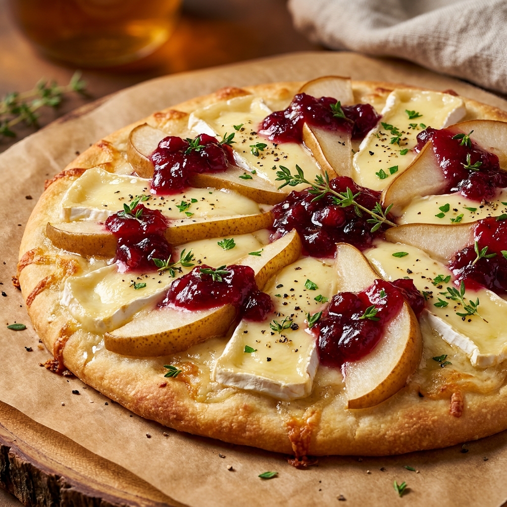 The finished pear brie cranberry flatbread on a white plate with a drizzle of honey and crack of black pepper.
